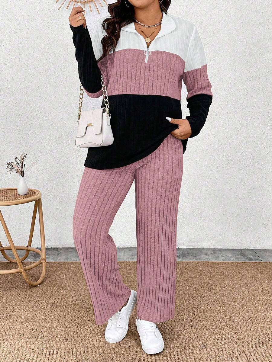 EMERY ROSE Áo thun dệt kim mềm tay dài có khóa kéo cổ áo cỡ lớn phối màu và quần gân mềm mại, trang phục thường ngày 2 món - Nhiều màu - Xem 1