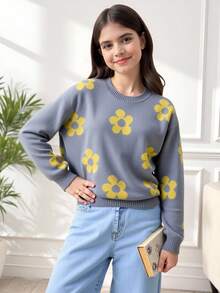 SHEIN 秋冬款女童花卉图案圆领长袖毛衣 - 霧霾藍 - 查看 5