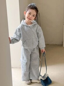SHEIN Little Byeori 年轻女孩休闲拉链连帽夹克/口袋运动裤套装 - 灰色 - 查看 3