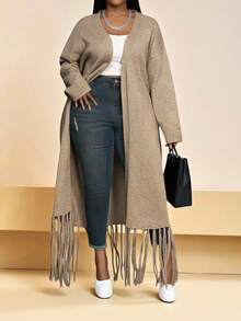 Slaydiva Cardigan de Manga Longa com Amarração na Frente, Franjas e Cor Sólida Minimalista para o Dia a Dia, Plus Size, para Outono/Inverno