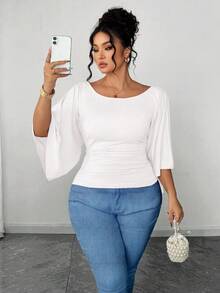 SHEIN Elenzya Áo thun cổ tròn tay chuông dệt kim co giãn cao cỡ lớn màu trơn thanh lịch dành cho nữ - trắng - Xem 1