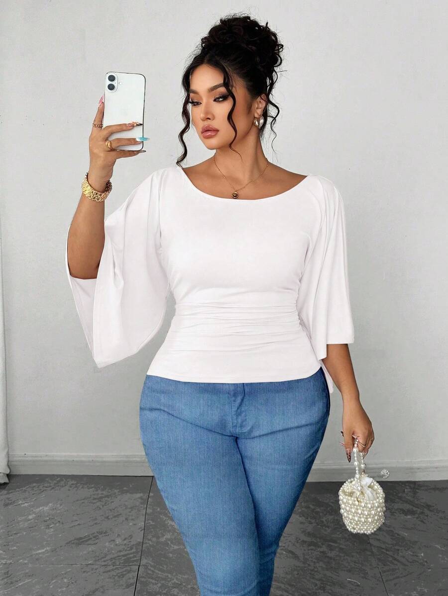 SHEIN Elenzya Áo thun cổ tròn tay chuông dệt kim co giãn cao cỡ lớn màu trơn thanh lịch dành cho nữ - trắng - Xem 1