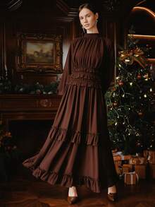 Anewsta 女士春季雪纺婚礼宾客礼服，优雅灯笼袖连衣裙 - 酒紅色 - 查看 5