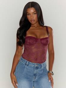 MUSERA Diamante Lace Bodysuit Sexy Club Vacation  Summer Rave Holiday Festival Western Night Out Date Night Fall  Winter Evening  New Year  Party - Burgundy - View 1