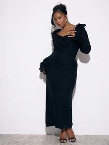 MUSERA 大码V领针织毛边修身长裙，适合外出、夜生活、性感、凸显曲线、生日、派对、新年、情人节、春季情人节等场合。 - 黑色 - 查看 1