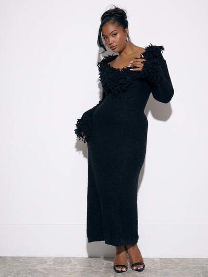 MUSERA Plus Size V Neck Knit Shaggy Trim Fitted Maxi Dress , Going Out, Night Out, Sexy, Curve, Birthday, Party, Party, NYE, Occasion Valentines Day Spring Valentines Day