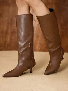 MOTF PREMIUM 全新女士尖头直筒高跟及膝靴 - 棕色 - 查看 7