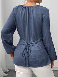 Elenzga Kemeja Wanita Model Lilitan Berhiaskan Manik-Manik dengan Pinggang yang Dikencangkan, Musim Gugur/Dingin - Navy Blue - View 2