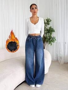 SHEIN Tall 女士休闲宽松口袋保暖牛仔裤，高个女款，秋冬季黑色保暖牛仔裤 - 藍色 - 查看 2