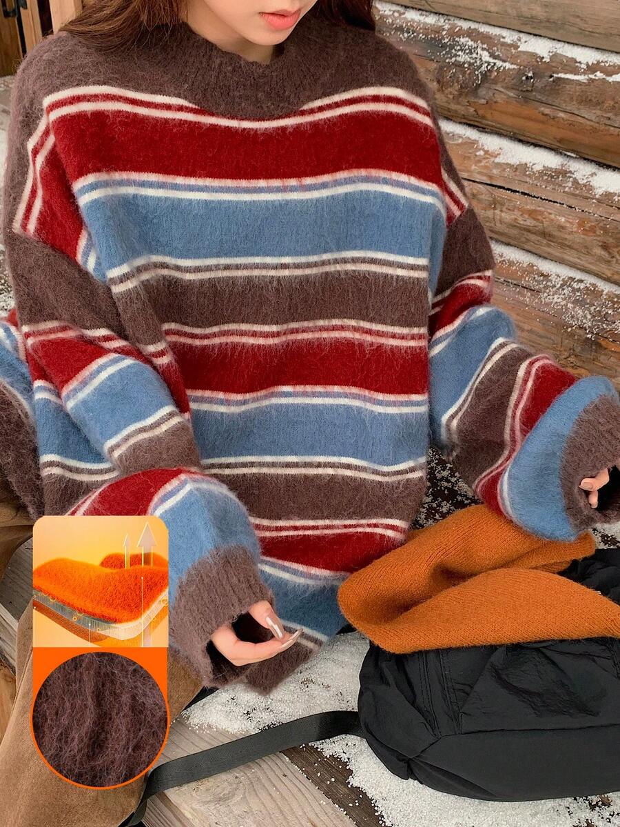 DAZY Suéter holgado casual de mujer con rayas y parches, estilo de moda de negocios y streetwear, para otoño/invierno - Burdeos - Ver 1