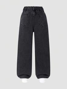 女童休闲水洗牛仔裤，刺绣设计，直筒裤 - 灰色 - 查看 2