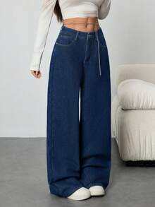 SHEIN ICON 女式宽松V腰口袋阔腿休闲牛仔裤 - 深色水洗藍 - 查看 6