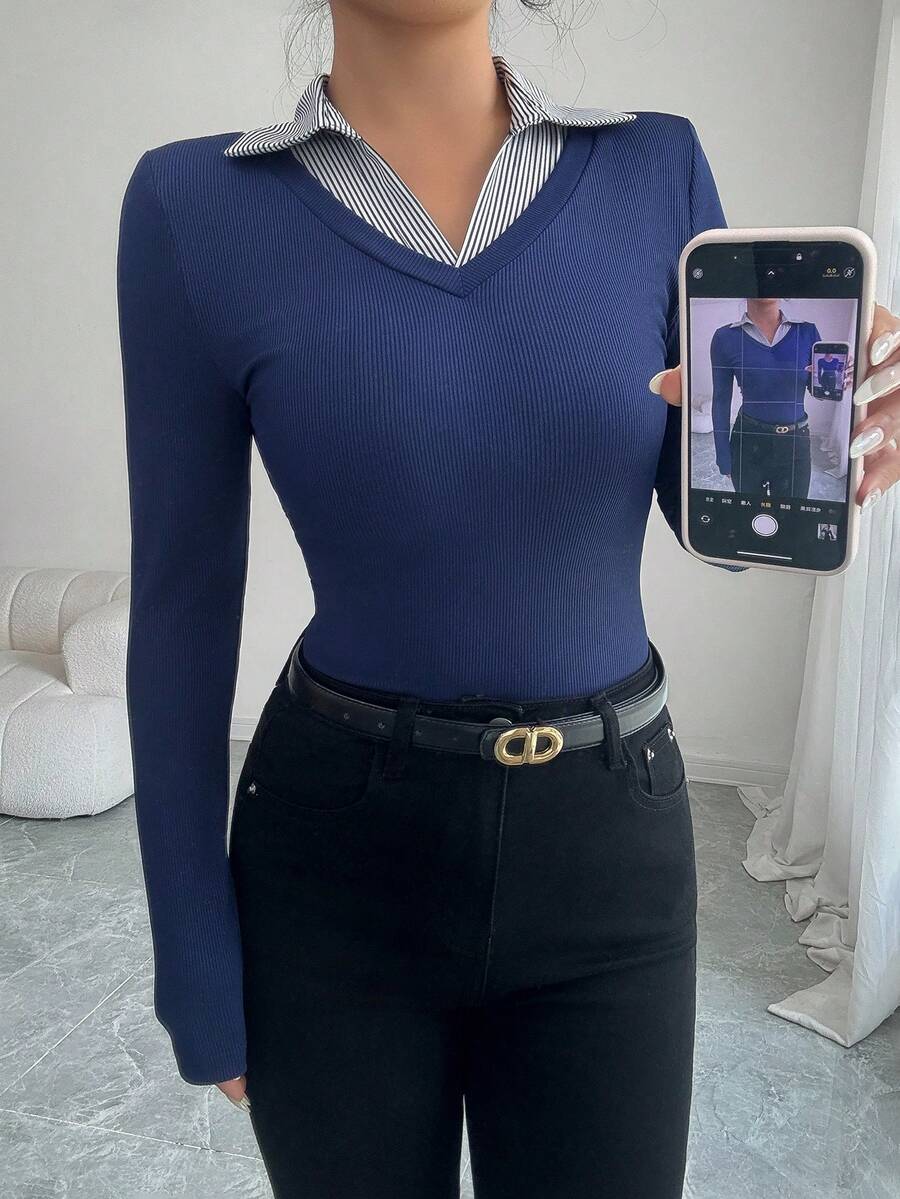 Rafferiza Women's Elegant Contrasting Neckline Splicing Tight Elastic Casual Versatile Fashion Design Long-Sleeved Autumn Fake Two-Piece T-Shirt Ladies Casual T-Shirt Tops Ladies Going Out Tops Bottoming Pullover T-Shirt