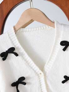 SHEIN Elladie kids Tween Girl' 休闲时尚可爱柔软简约优雅 3D 蝴蝶结长袖短款开衫毛衣，适合居家、日常穿着、上学、外出、派对、秋冬 - 白色 - 查看 3