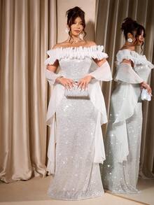 Cravure Đầm dạ hội dự tiệc viền bèo nhún thanh lịch cỡ lớn dành cho nữ - Bạc - Xem 7