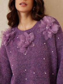 Aveloria Rosie Suéter holgado de cuello redondo con diseño floral 3D texturizado de moda que rejuvenece