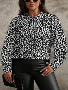 EMERY ROSE Áo sơ mi nữ cổ đứng tay bồng họa tiết da báo cỡ lớn thanh lịch cổ điển thường ngày, thu/đông - Nhiều màu - Xem 6