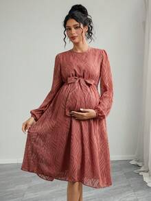 Momance Pregnant Women's Textured Round Neck Lantern Sleeve Belted Elegant Dress