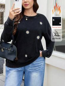 SHEIN LUNE Plus Size Casual Floral Embroidery Round Neck Drop Shoulder Sweatshirt, Autumn/Winter Plus Size Casual Long Sleeve Embroidered Snowflake Washed Loose Fit Crew Neck Pullover Sweatshirt,Fall Clothes For Women Winter Autumn Women Long Sleeve Tops Winter Tops For Women Plus Size Sweatshirts Tops For Women Plus Full Sleeve Tops,Black Top,Winter Clothes For Women,Christmas Outfit For Women,Christmas Jumper,Christmas Women's Clothing,New Year Outfit,Clothes For New Year,Thanksgiving Outfit For Women,Casual Daily Wear,Everyday Commute & Outdoor Essential,Commute,Minimalist,Simple Women Tops,Office Siren Style Outfits