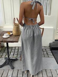 Sunnyshic 蓝白条纹深 V 领露背系带腰部 A 字形无袖连体裤连衣裙，优雅性感可爱，适合度假、海滩、通勤、派对、日常穿着、约会、春夏/秋季 - 黑色 - 查看 2