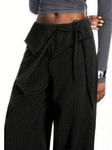 LYSMO 女士梭织休闲条纹阔腿裤秋冬女装 - 黑色 - 查看 5