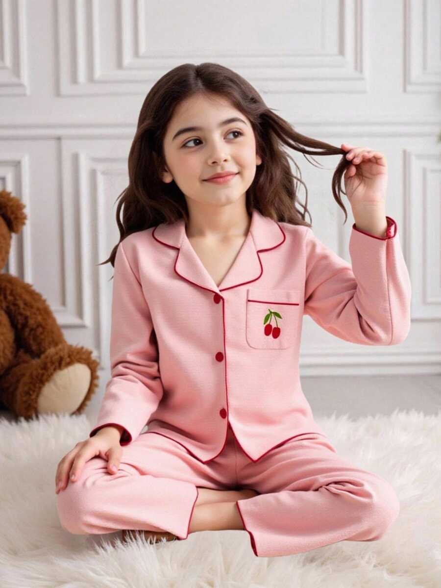 2 件套 Tween Girl 睡衣套装 - 珊瑚粉樱桃刺绣宽松套头衫和裤子，舒适休闲套装 - 珊瑚粉 - 查看 1