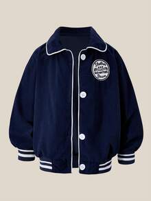 SHEIN Toddler Girls' Fashionable Casual Versatile Blue Jacket, Ribbed Cuffs & Hem, Long Sleeve, Collegiate Style Outerwear, Suitable For Autumn/Winter Outings, Suitable To Pair With Jeans, Sweatpants, Tops - Navy Blue - View 3