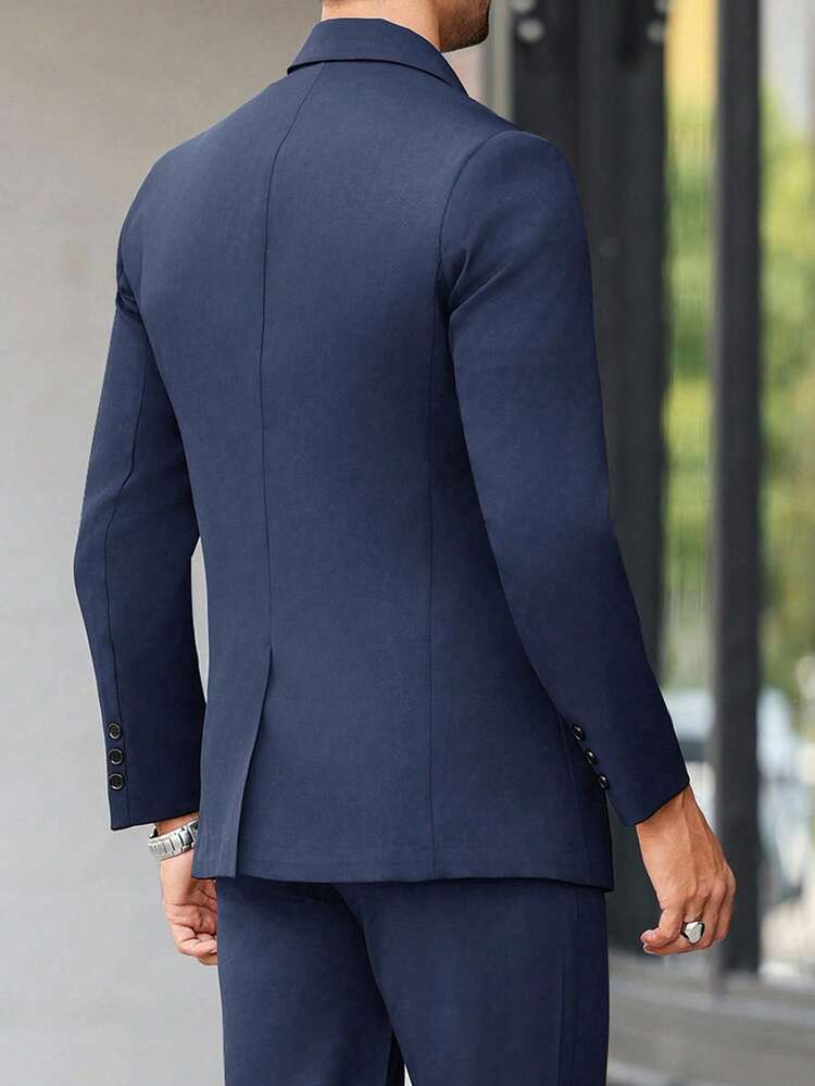 Calvornis 男士纯色翻领长袖金属孔眼设计休闲商务正装西装外套 - 藏蓝色 - 查看 5