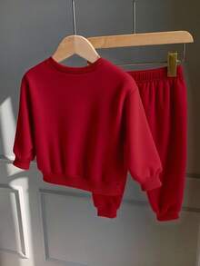 SHEIN 2 件套儿童休闲运动针织字母印花长袖羊毛运动衫和慢跑裤运动服，适合秋冬季 - 酒紅色 - 查看 5