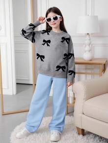 Áo len nơ cho bé gái tuổi mới lớn, Áo len nơ đen dễ thương và mát mẻ, Áo chui đầu cổ tròn cỡ lớn - Xám - Xem 4