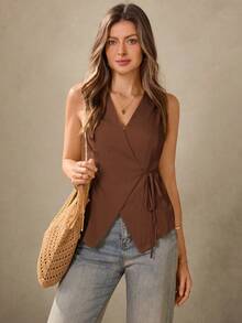 Wildy Áo kiểu không tay phong cách đồng quê Mỹ BOHO, phù hợp cho giáo viên, đi làm văn phòng, kiểu dáng cổ điển thường ngày. - màu nâu - Xem 2