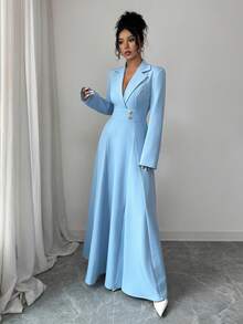 Selianne Robe longue élégante bleu avec ceinture à la taille pour femmes, convient pour les rendez-vous, les événements sociaux et les sorties en automne - Bleu azur - Voir 5
