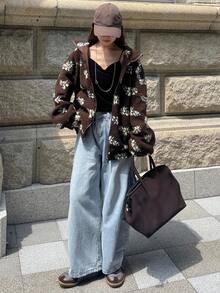 FRIFUL Women's Thermal Lined Brown Base Allover Floral Print Stand Collar Drop Shoulder Long Sleeve Drawstring Hem Zip Up Loose Casual Versatile Regular Jacket, Autumn Women Coats - Multicolor - View 2