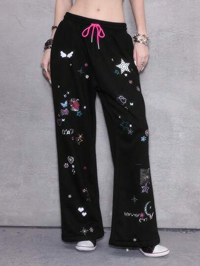 ROMWE Avant بنطلون رياضي فضفاض مع رسومات نجوم بكسل والقمر والقلب والدوامة والوردة مع الراين ستونز، عقدة الفراشة بنمط بادي بانك Y2K