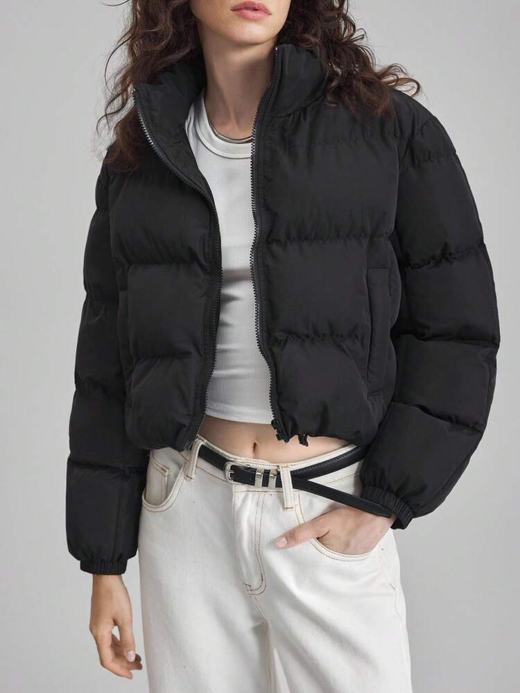 Women's Black Winter Casual Stand Collar Long Sleeve Padded Coat,Minimalist Solid Color Quilted Jacket For Office Occasion Old Money Style Commuting