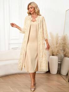 Ellevyn 金色蕾丝夹克和连衣裙优雅女士套装，适合派对、商务聚会 - 金色 - 查看 3