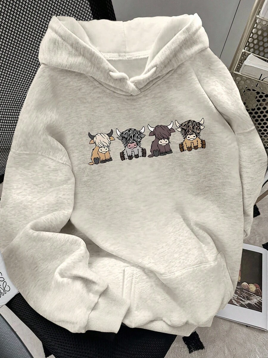 SHEIN 女士秋冬牦牛印花保暖内衬休闲落肩卫衣,圣诞节 - 淺灰色 - 查看 1