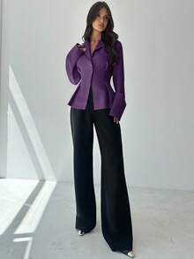 Firerie 女士休闲亚麻收腰长袖翻领薄款西装外套，杏色，秋冬 - 紫色 - 查看 6