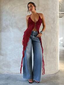 Aloruh Women's Sexy Halter Neck Chiffon Blouse,Sexy Tops - Burgundy - View 4