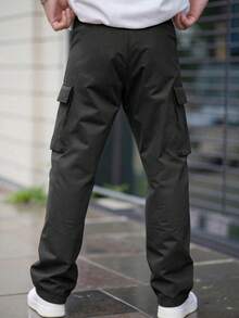 Manfinity Homme 加大码男士黑色工装裤，多口袋休闲直筒裤，宽松直筒休闲裤，黑色男士工装裤，男士战术工作裤，街头风男士裤 - 黑色 - 查看 2