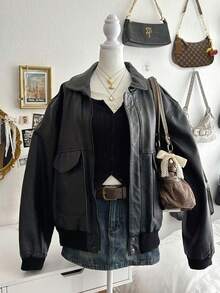 Lalippa 女式休闲纯色 PU 宽松夹克，秋冬 - 黑色 - 查看 1