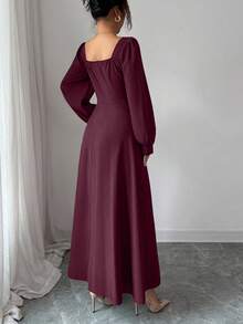 SHEIN LUNE 女士优雅方领泡泡袖收腰长裙，适合日常通勤 - Bold Plum - 查看 3