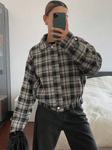 DAZY Veste ample en mélange de laine à col en fourrure patchwork à carreaux vintage, vêtement décontracté à manches longues pour femmes, automne/hiver Y2k - Gris - Voir 4