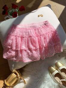 Comfortcana Váy xếp tầng thời trang đính sequin, cạp chun co giãn dành cho nữ. - Hồng - Xem 1