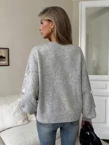 Elenzga Sequin Decor Drop Shoulder Sweater - Grey - View 2