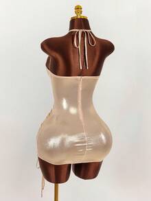 Amplova 女士纯色金属镂空抽绳交叉吊带迷你派对连衣裙 - 藕粉色 - 查看 7