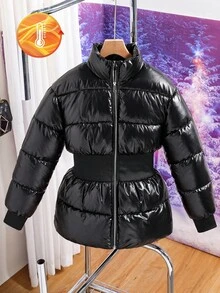 SHEIN Girls' Oversized Stand Collar Ribbed Waist Padded Coat, Suitable For Daily Commute And Gatherings, Winter - Black - View 4