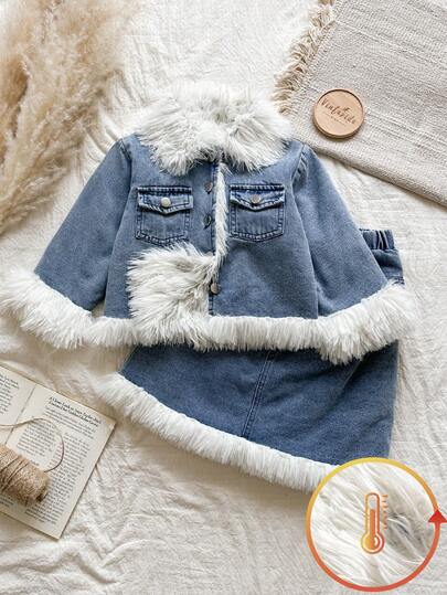 Vintaside Kids Girls Vintage Navy Blue Solid Color Lapel Long Sleeve Denim Jacket With Denim Skirt 2 Pieces Set, Loose Fit For Outings, Shopping, Gatherings, Daily Wear