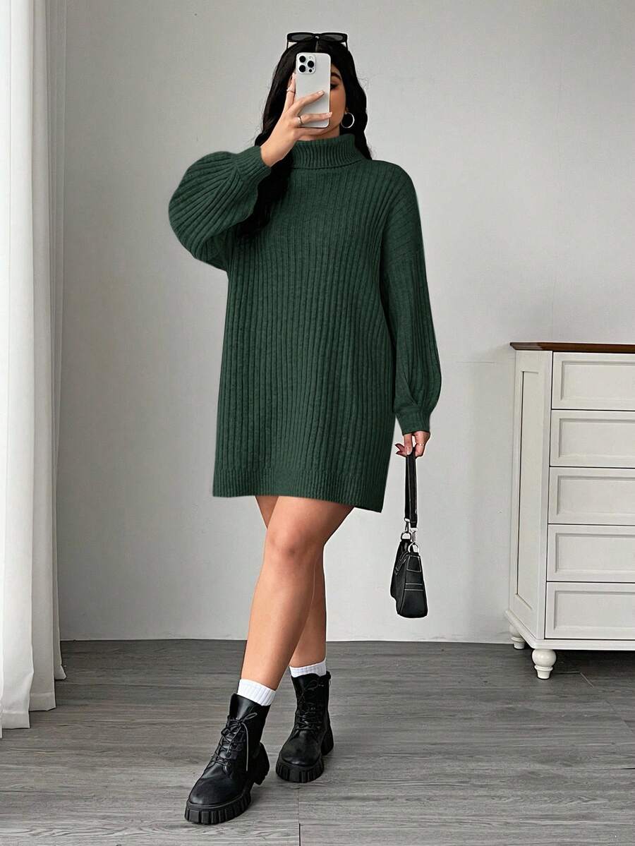 SHEIN EZwear Vestido de suéter de punto grueso y holgado con mangas de farol de cuello alto, otoño/invierno, talla grande - Verde Oscuro - Ver 1