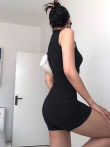 INAWLY Women's Solid Color Stand Collar Bodycon Casual Jumpsuit - Black - View 5